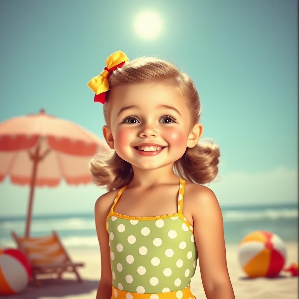 A cute girl with an adorable face wearing a vintage 1950s style swimsuit, set against a retro beach background