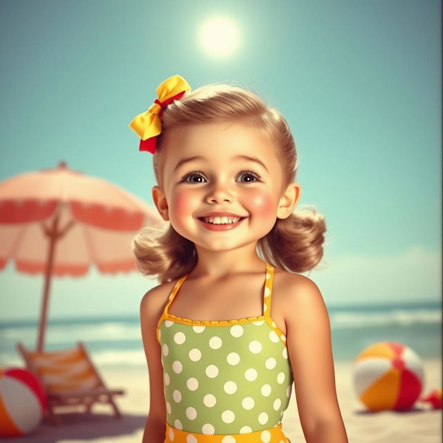 A cute girl with an adorable face wearing a vintage 1950s style swimsuit, set against a retro beach background