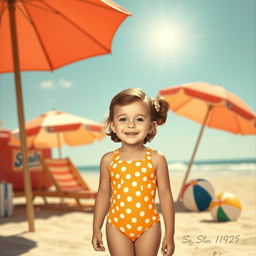 A cute girl with an adorable face wearing a vintage 1950s style swimsuit, set against a retro beach background