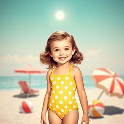 A cute girl with an adorable face wearing a vintage 1950s style swimsuit, set against a retro beach background