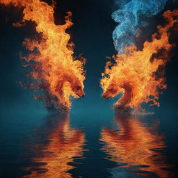 A surreal image of two opposite elements, like fire and water, trying to merge, symbolising impossible love, against an intense celestial background