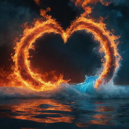 A surreal image of two opposite elements, like fire and water, trying to merge, symbolising impossible love, against an intense celestial background