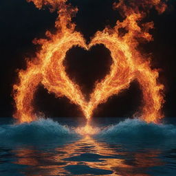 A surreal image of two opposite elements, like fire and water, trying to merge, symbolising impossible love, against an intense celestial background