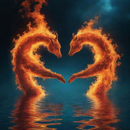 A surreal image of two opposite elements, like fire and water, trying to merge, symbolising impossible love, against an intense celestial background