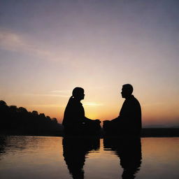 A tranquil scene of two silhouetted figures sitting calmly under a serene sunset sky, their hands gently touching, symbolising love and peace