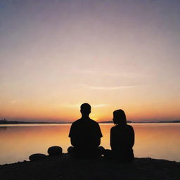 A tranquil scene of two silhouetted figures sitting calmly under a serene sunset sky, their hands gently touching, symbolising love and peace