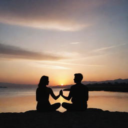 A tranquil scene of two silhouetted figures sitting calmly under a serene sunset sky, their hands gently touching, symbolising love and peace