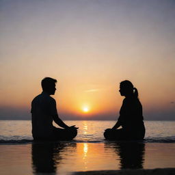 A tranquil scene of two silhouetted figures sitting calmly under a serene sunset sky, their hands gently touching, symbolising love and peace