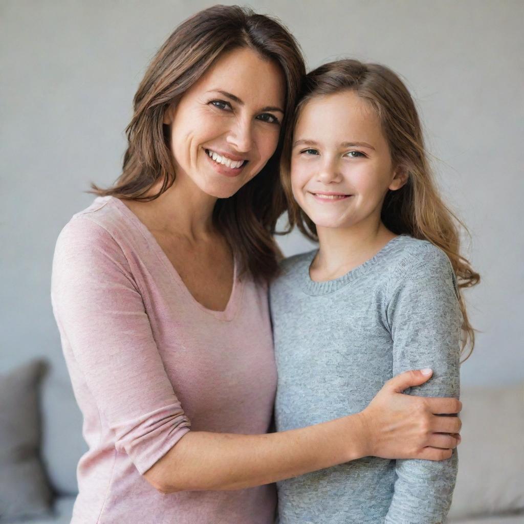 An attractive mother and her daughter standing together in a warm, loving pose, both dressed casually and smiling genuinely.