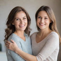 An attractive mother and her daughter standing together in a warm, loving pose, both dressed casually and smiling genuinely.