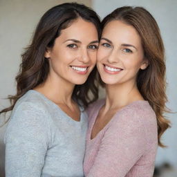 An attractive mother and her daughter standing together in a warm, loving pose, both dressed casually and smiling genuinely.