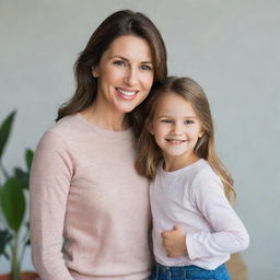 An attractive mother and her daughter standing together in a warm, loving pose, both dressed casually and smiling genuinely.