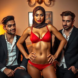 A hijab-wearing woman confidently stands in a striking pose, adorned in a vibrant red bra and matching red underwear
