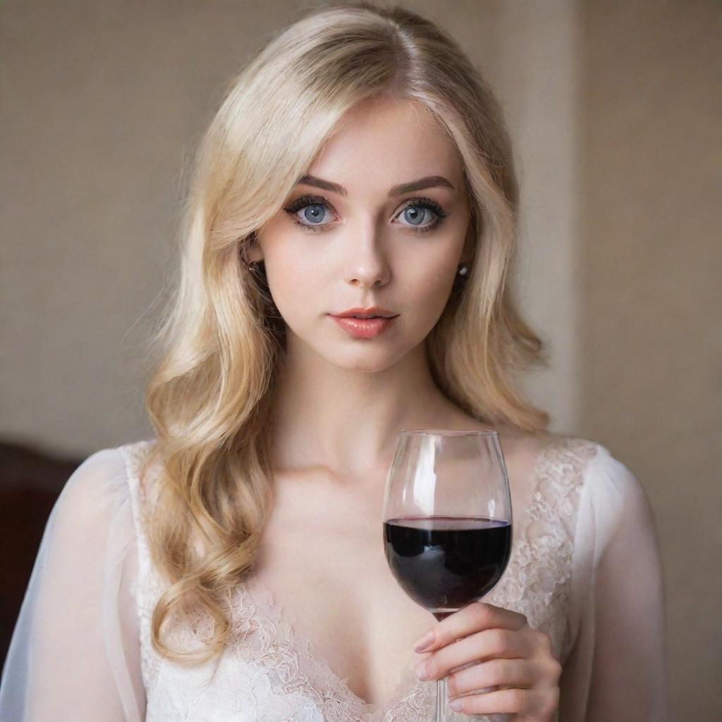 A very attractive girl with blonde hair, large eyes, average height, holding a wine glass elegantly.