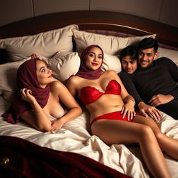 A hijab-wearing woman dressed in an elegant red bra and matching red underwear is reclining gracefully on a plush bed