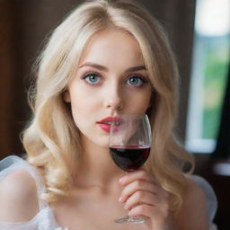 A very attractive girl with blonde hair, large eyes, average height, holding a wine glass elegantly.