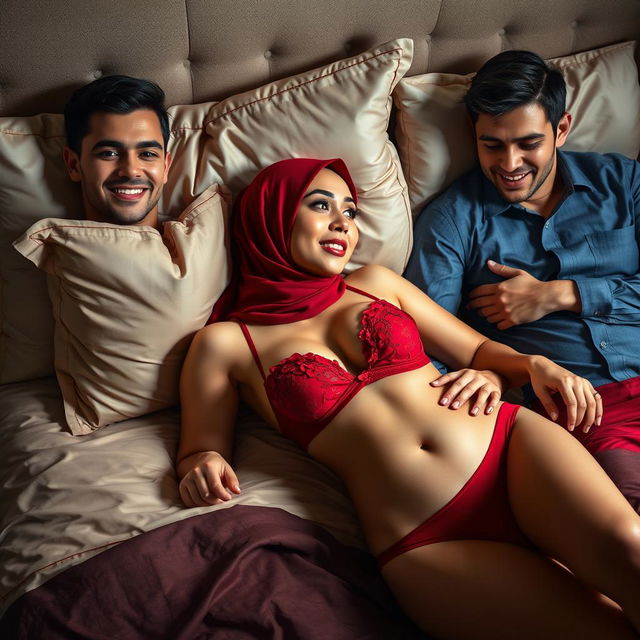 A hijab-wearing woman dressed in an elegant red bra and matching red underwear is reclining gracefully on a plush bed