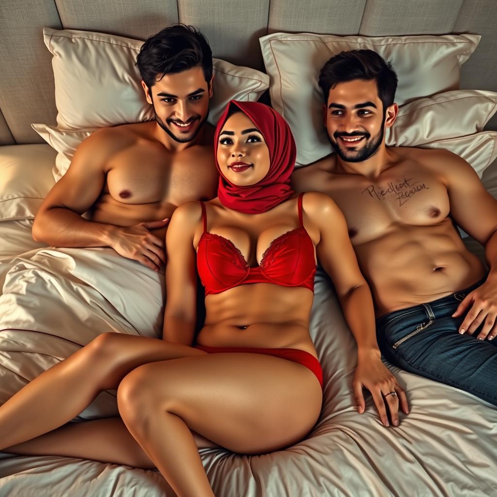 A hijab-wearing woman dressed in an elegant red bra and matching red underwear is reclining gracefully on a plush bed