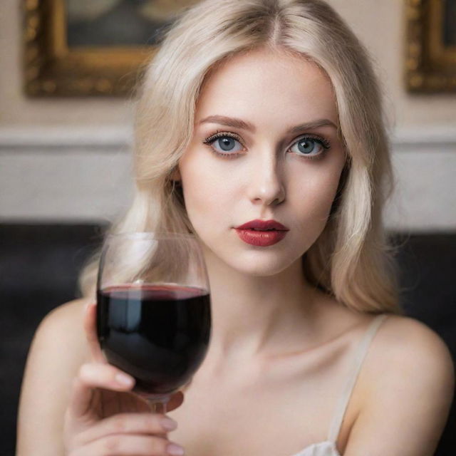 A very attractive girl with blonde hair, large eyes, average height, holding a wine glass elegantly.