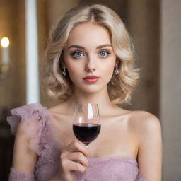 A very attractive girl with blonde hair, large eyes, average height, holding a wine glass elegantly.