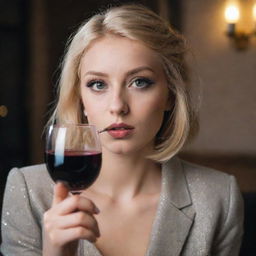 An extremely attractive blonde haired girl with large sparkling eyes and an average height, elegantly holding a glass of wine and a cigarette