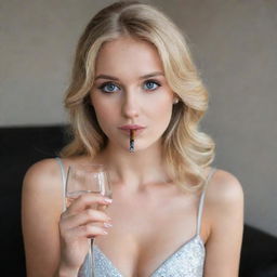 An extremely attractive blonde haired girl with large sparkling eyes and an average height, elegantly holding a glass of wine and a cigarette