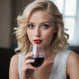 An extremely attractive blonde haired girl with large sparkling eyes and an average height, elegantly holding a glass of wine and a cigarette