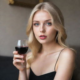 An extremely attractive blonde haired girl with large sparkling eyes and an average height, elegantly holding a glass of wine and a cigarette