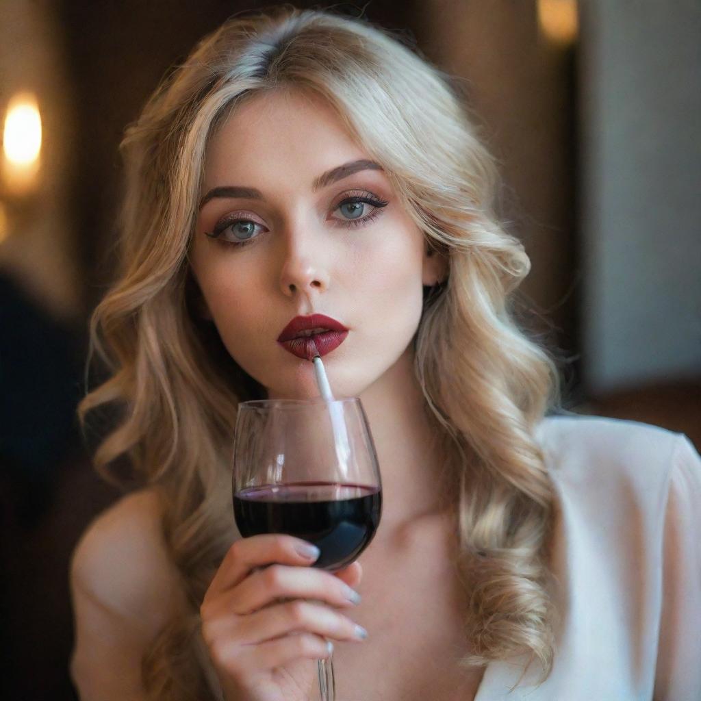 An extremely attractive blonde haired girl with large eyes, average height and seductive lips, elegantly holding a glass of wine and a cigarette