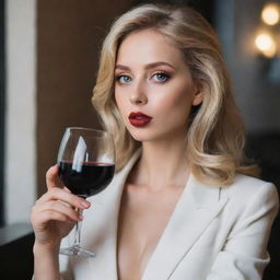 An extremely attractive blonde haired girl with large eyes, average height and seductive lips, elegantly holding a glass of wine and a cigarette