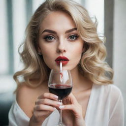 An extremely attractive blonde haired girl with large eyes, average height and seductive lips, elegantly holding a glass of wine and a cigarette