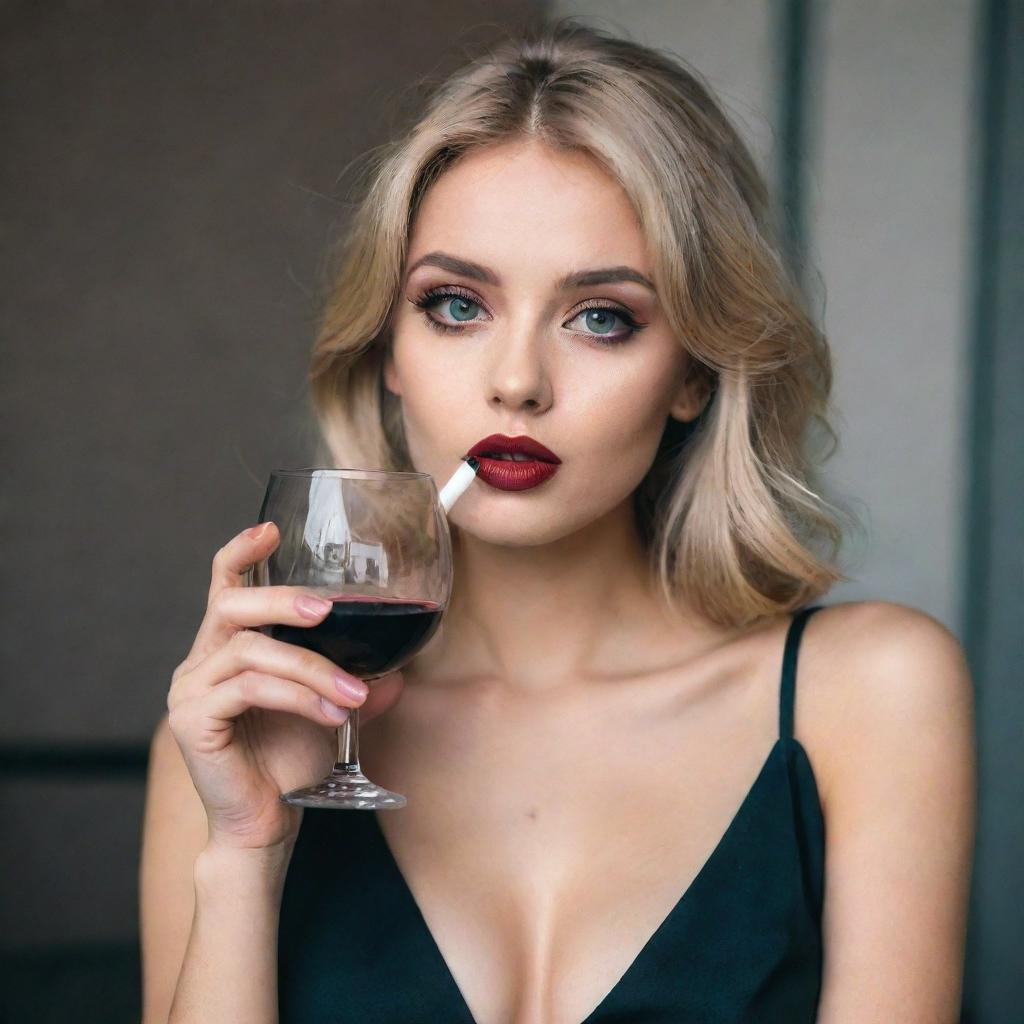 An extremely attractive blonde haired girl with large eyes, average height and seductive lips, elegantly holding a glass of wine and a cigarette