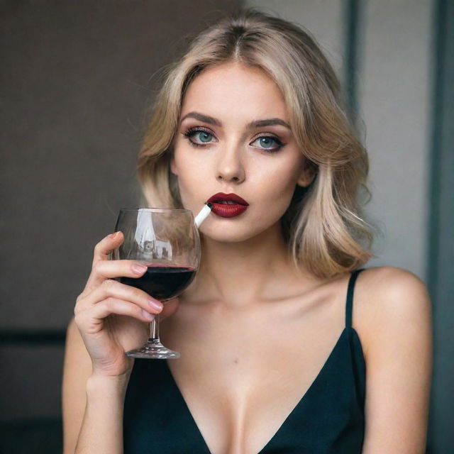 An extremely attractive blonde haired girl with large eyes, average height and seductive lips, elegantly holding a glass of wine and a cigarette