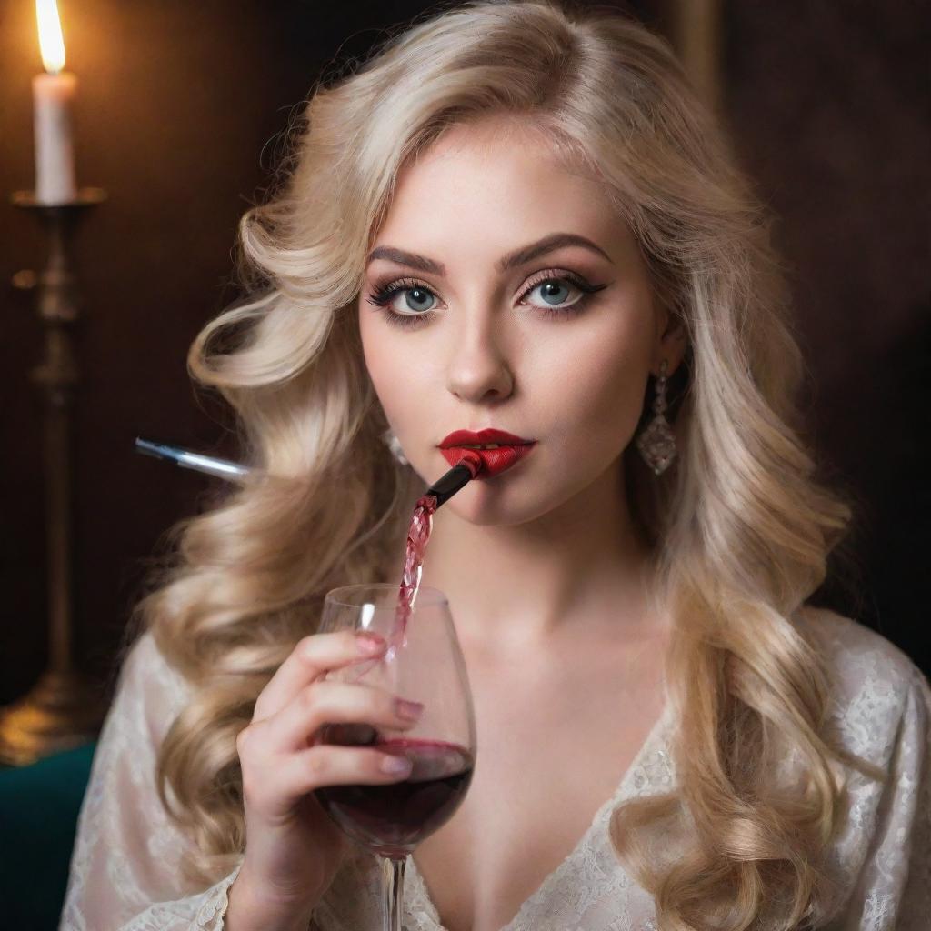 An extremely attractive blonde haired girl with large eyes, average height and seductive lips, elegantly holding a glass of wine and a hookah pipe