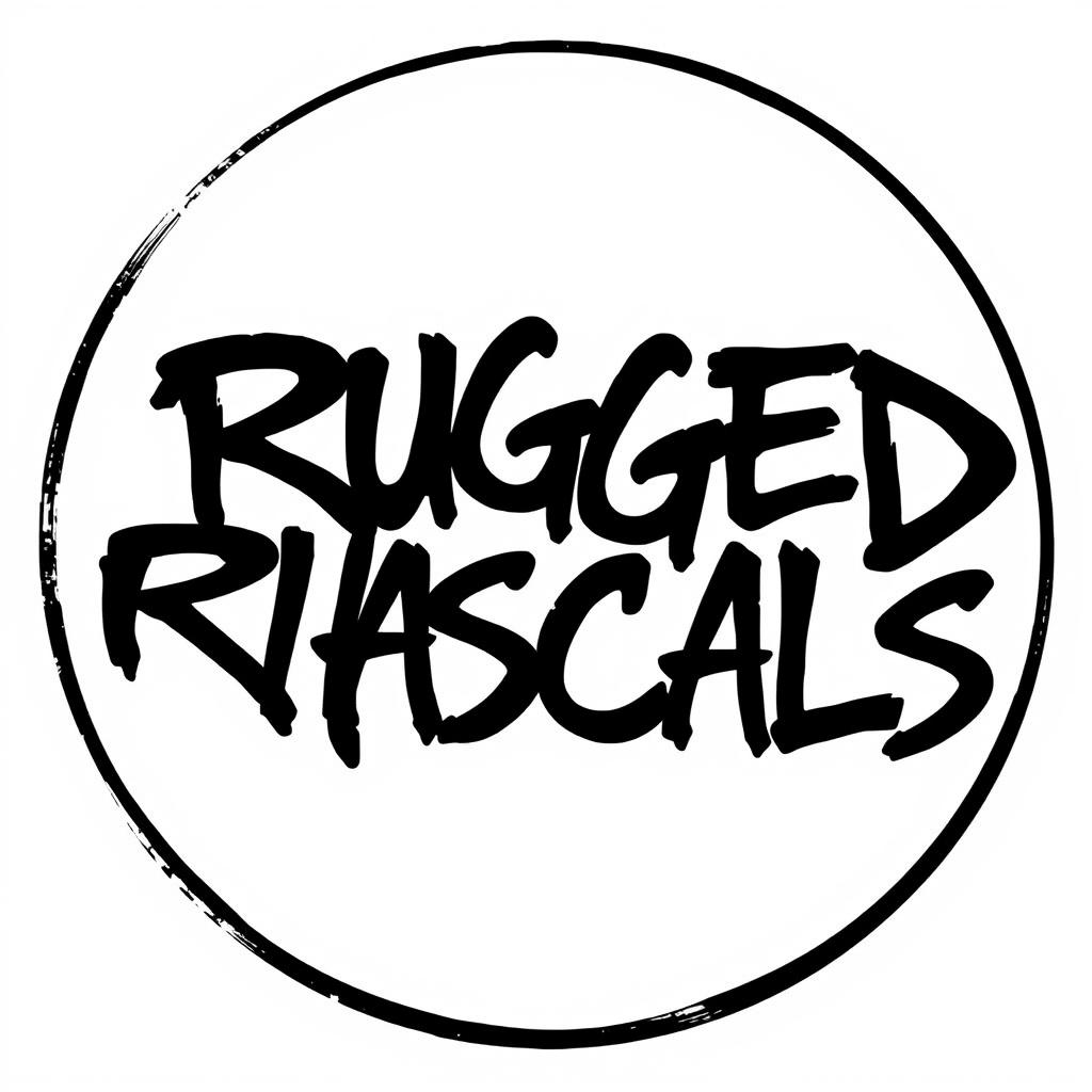 A perfect circular shape filled with striking black graffiti letters spelling 'Rugged Rascals'