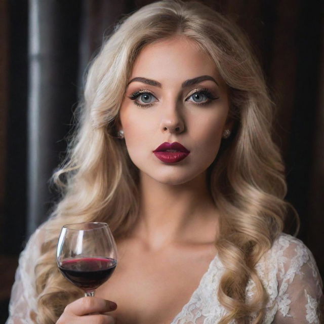 An extremely attractive blonde haired girl with large eyes, average height and seductive lips, elegantly holding a glass of wine and a hookah pipe