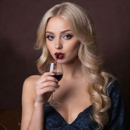 An extremely attractive blonde haired girl with large eyes, average height and seductive lips, elegantly holding a glass of wine and a hookah pipe