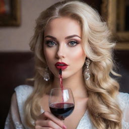 An extremely attractive blonde haired girl with large eyes, average height and seductive lips, elegantly holding a glass of wine and a hookah pipe