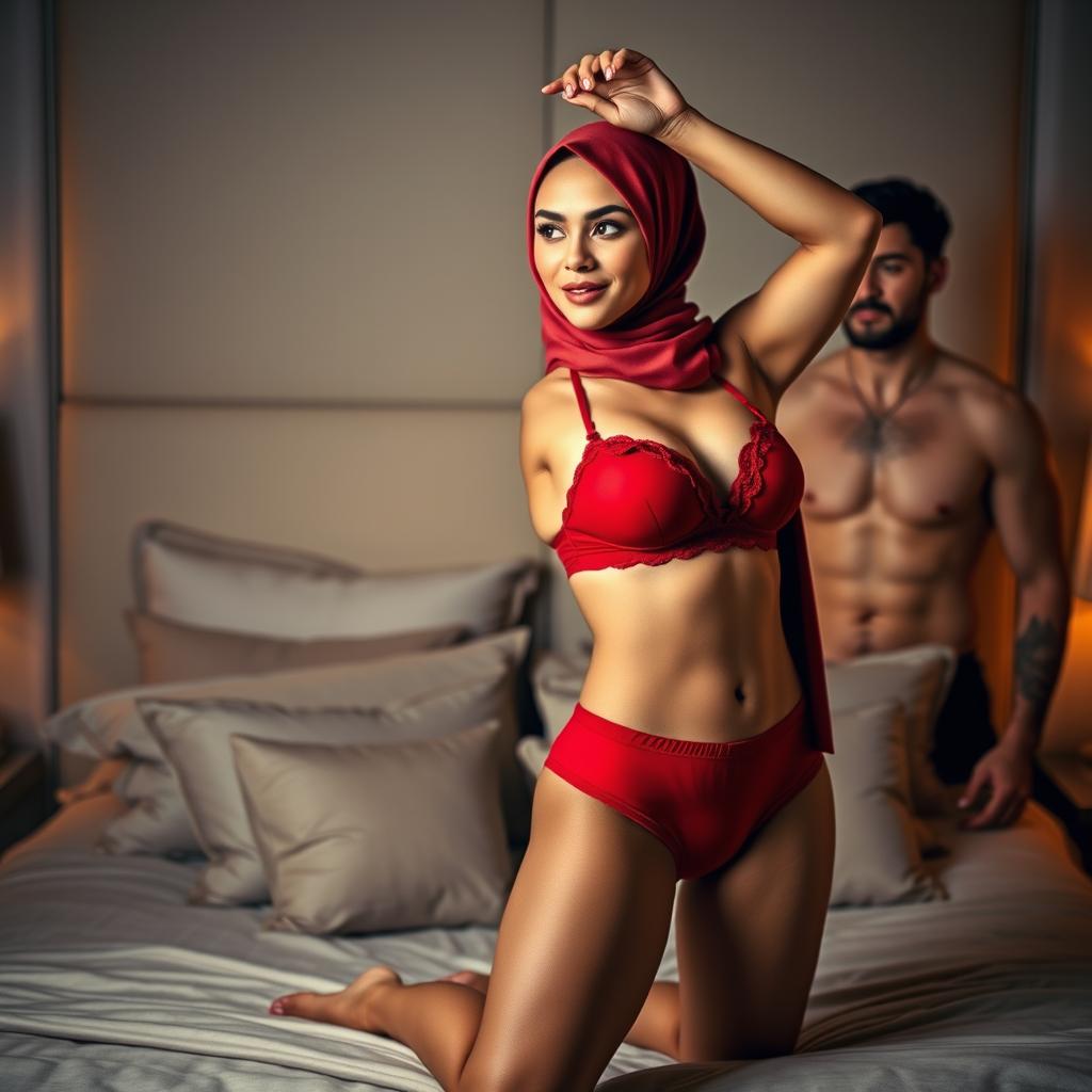 A hijab-wearing woman in a striking red bra and matching red underwear is stretching her body gracefully in front of two attractive men