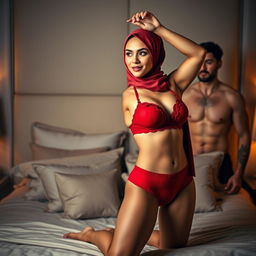 A hijab-wearing woman in a striking red bra and matching red underwear is stretching her body gracefully in front of two attractive men