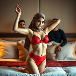 A hijab-wearing woman in a striking red bra and matching red underwear is stretching her body gracefully in front of two attractive men
