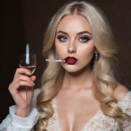 An extremely attractive blonde haired girl with large eyes, average height and seductive lips, elegantly holding a glass of wine and a hookah pipe