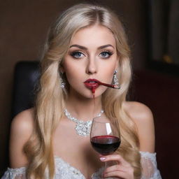 An extremely attractive blonde haired girl with large eyes, average height and seductive lips, elegantly holding a glass of wine and a hookah pipe