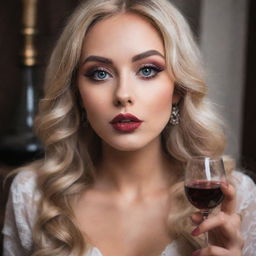 An extremely attractive blonde haired girl with large eyes, average height and seductive lips, elegantly holding a glass of wine and a hookah pipe