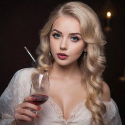 An extremely attractive blonde haired girl with large eyes, average height and seductive lips, elegantly holding a glass of wine and a hookah pipe