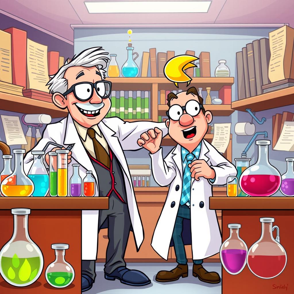 A vibrant illustration of a fictional scene featuring Sidney Farber, a distinguished medical researcher and doctor, in a laboratory setting