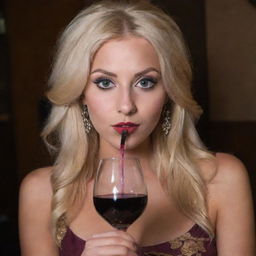 A girl with blonde hair and large, bold eyes, at medium height, holding a glass of wine and a hookah pipe.