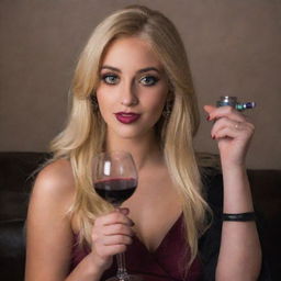 A girl with blonde hair and large, bold eyes, at medium height, holding a glass of wine and a hookah pipe.