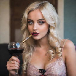 A girl with blonde hair and large, bold eyes, at medium height, holding a glass of wine and a hookah pipe.