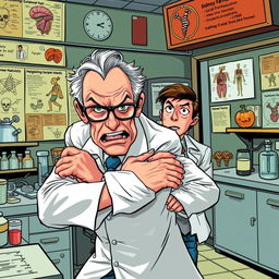 A dramatic scene depicting Sidney Farber with an expression of intense anger, forcefully expelling Howard Skipper